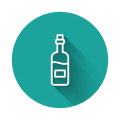 White line Bottle of wine icon isolated with long shadow background. Green circle button. Vector