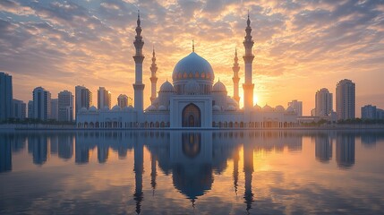 Naklejka premium Grand mosque reflecting in water at sunrise with city skyline.