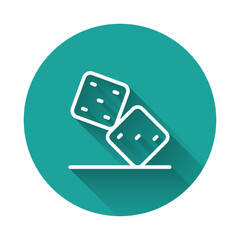White line Game dice icon isolated with long shadow background. Casino gambling. Green circle button. Vector