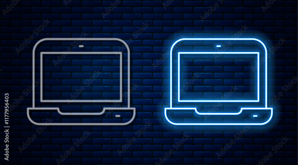 Poster glowing neon line laptop icon isolated on brick wall background. computer notebook with empty screen