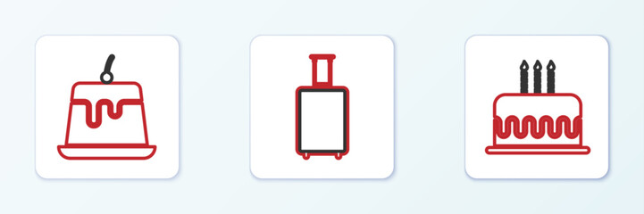 Set line Cake with burning candles, Pudding custard and Travel suitcase icon. Vector