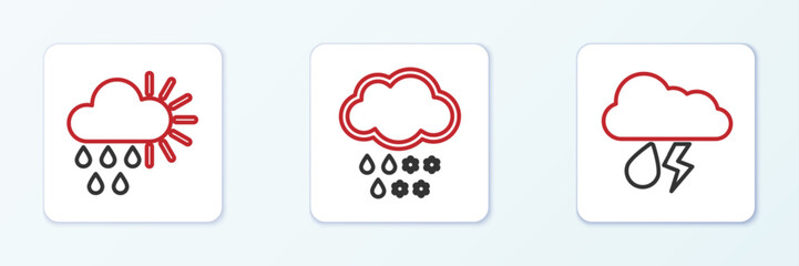 Set line Cloud with rain and lightning, Cloudy sun and snow icon. Vector