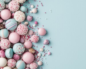 Pastel Pink and Blue Candy Sweets Macarons and Sprinkles on Light Blue Background