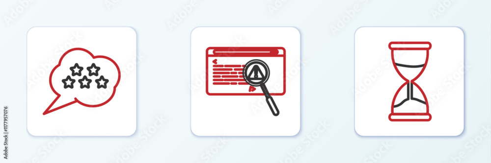 Poster set line hourglass, five stars rating review and system bug concept icon. vector