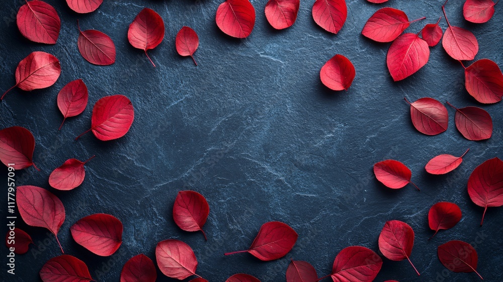 Aufkleber red leaves scattered on a textured dark surface creating a vibrant autumn display