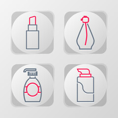 Set line Cream cosmetic tube, Bottle of liquid soap, Perfume and Lipstick icon. Vector