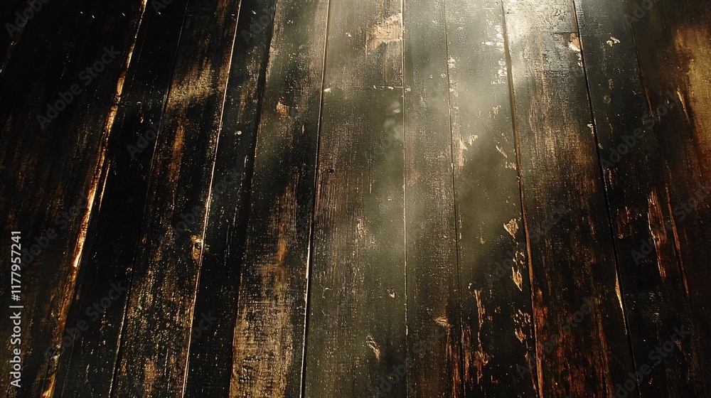 Poster sunlight filtering through dust on an old wooden floor in a rustic setting
