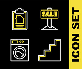 Set line Hanging sign with Sale, Staircase, Washer and House contract icon. Vector