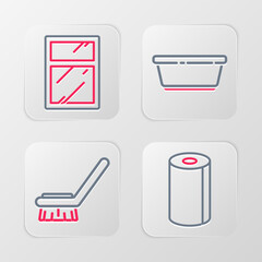 Set line Paper towel roll, Brush for cleaning, Plastic basin and Cleaning service windows icon. Vector