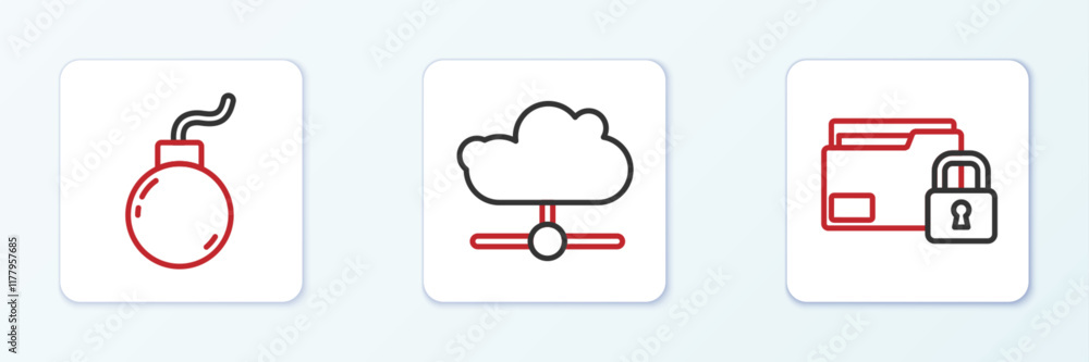 Poster set line folder and lock, bomb ready to explode and network cloud connection icon. vector