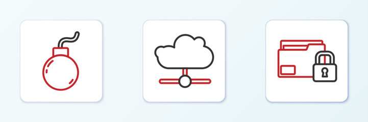 Set line Folder and lock, Bomb ready to explode and Network cloud connection icon. Vector