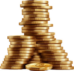 Piles money gold coins of gleaming with isolated against transparent background. Banking and financial concept
