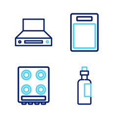 Set line Bottle of olive oil, Gas stove, Cutting board and Kitchen extractor fan icon. Vector