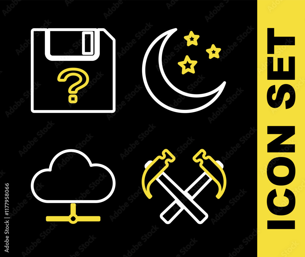 Poster set line moon and stars, two crossed hammers, network cloud connection and unknown document icon. ve