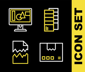 Set line Pantone, Carton cardboard box, Torn document and Computer monitor screen icon. Vector
