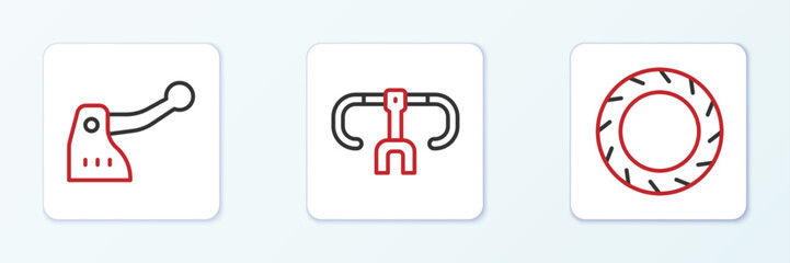 Set line Bicycle wheel tire, brake and handlebar icon. Vector