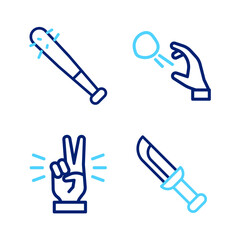 Set line Military knife, Hand showing two finger, Hooligan shooting stones and Baseball bat with nails icon. Vector