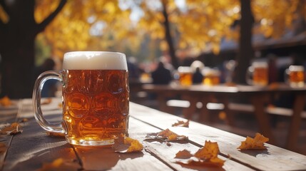 Fresh beer mugs on a table at an October festival, perfect for autumnal celebrations and beer enthusiasts