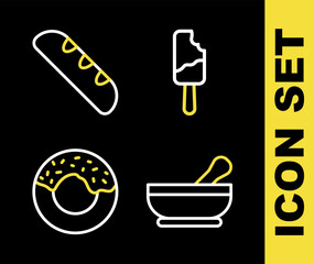 Set line Ice cream, Mortar and pestle, Donut and French baguette bread icon. Vector