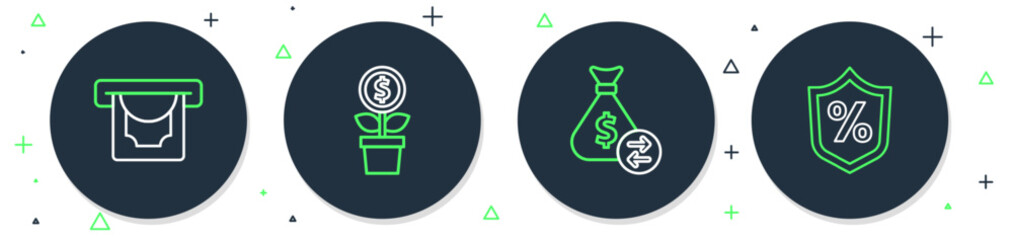 Set line Dollar plant, Money bag, ATM and money and Loan percent icon. Vector