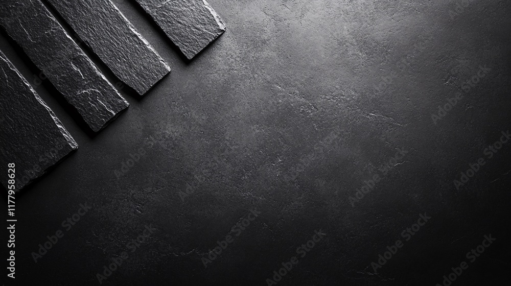 Poster dark textured surface with arranged slate pieces on the side for artistic display