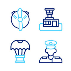 Set line Pilot, Box flying on parachute, Airport control tower and Plane propeller icon. Vector