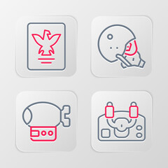 Set line Aircraft steering helm, Airship, Modern pilot helmet and Passport icon. Vector