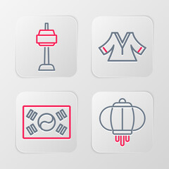 Set line Korean lantern, South flag, Kimono and N Seoul tower in icon. Vector