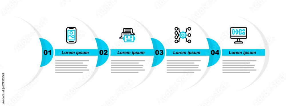 Poster Set line Algorithm, Neural network, Chat bot and Mobile phone icon. Vector