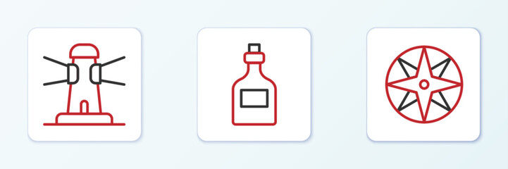 Set line Wind rose, Lighthouse and Rum bottle icon. Vector