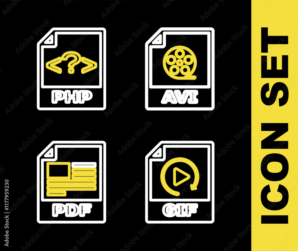 Aufkleber set line avi file document, gif, pdf and php icon. vector