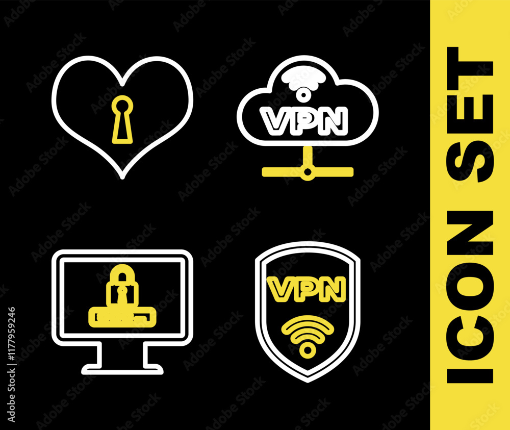 Aufkleber set line vpn network cloud connection, shield with wireless, monitor password and heart keyhole icon