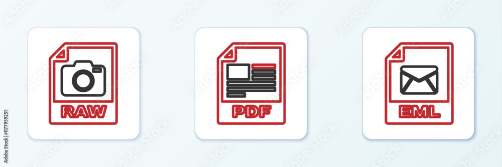 Poster set line eml file document, raw and pdf icon. vector