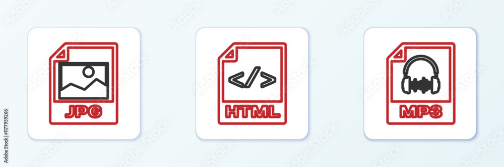 Poster set line mp3 file document, jpg and html icon. vector