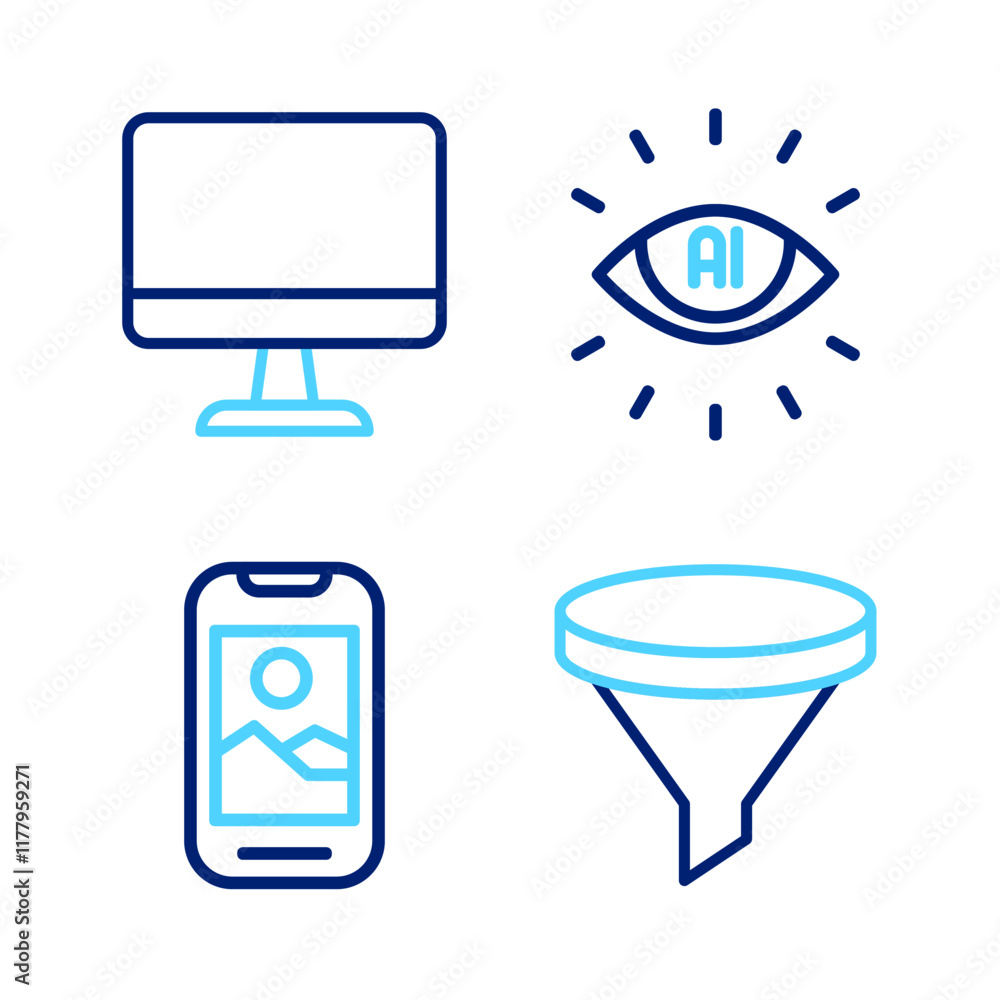 Poster set line funnel or filter, mobile phone, artificial intelligence ai and computer monitor icon. vecto