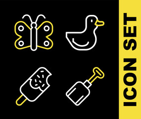 Set line Rubber duck, Shovel toy, Ice cream and Butterfly icon. Vector