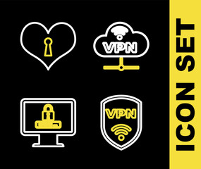 Set line VPN Network cloud connection, Shield with wireless, Monitor password and Heart keyhole icon. Vector