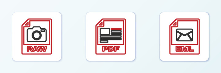 Set line EML file document, RAW and PDF icon. Vector