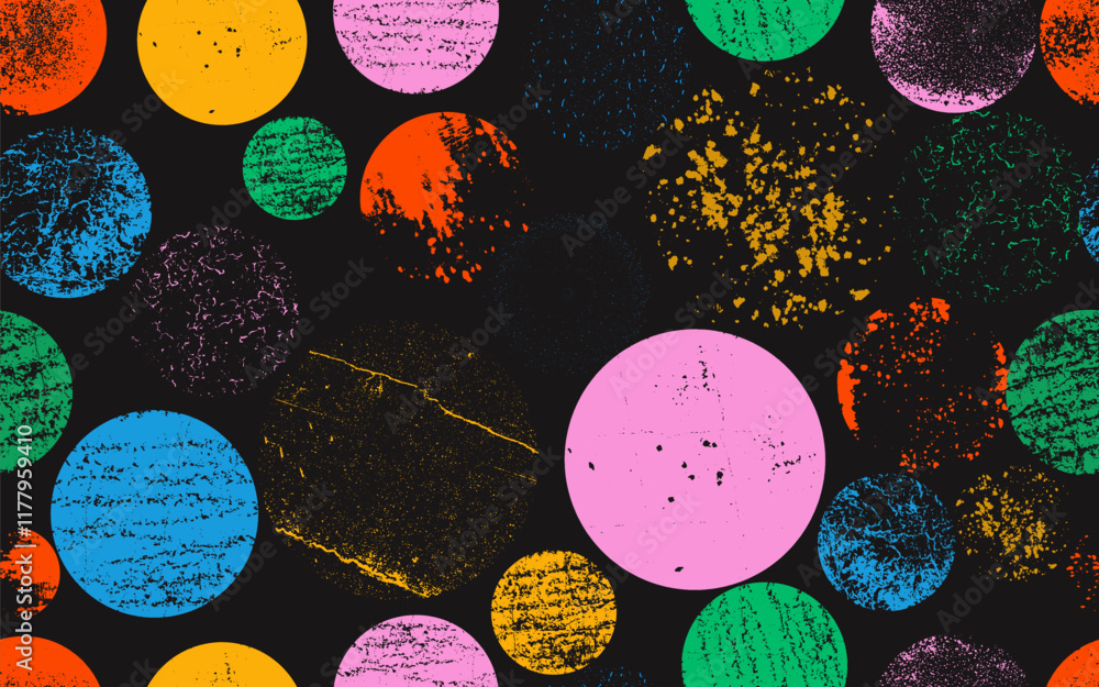 Poster grunge circles overlay colored textures seamless pattern with dust grain. vector ink splash and grun