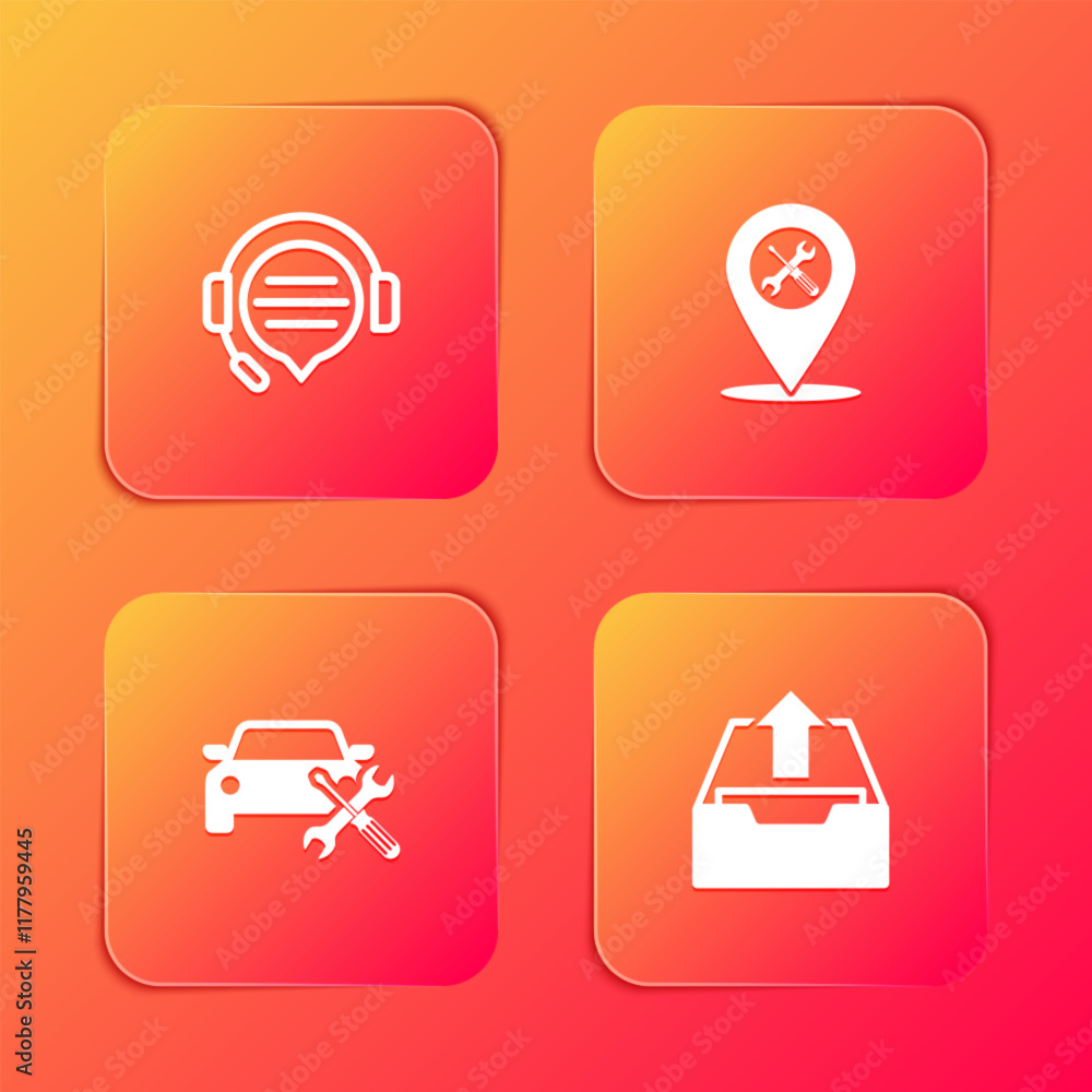 Poster set headphones with speech bubble chat, location service, car and upload inbox icon. vector