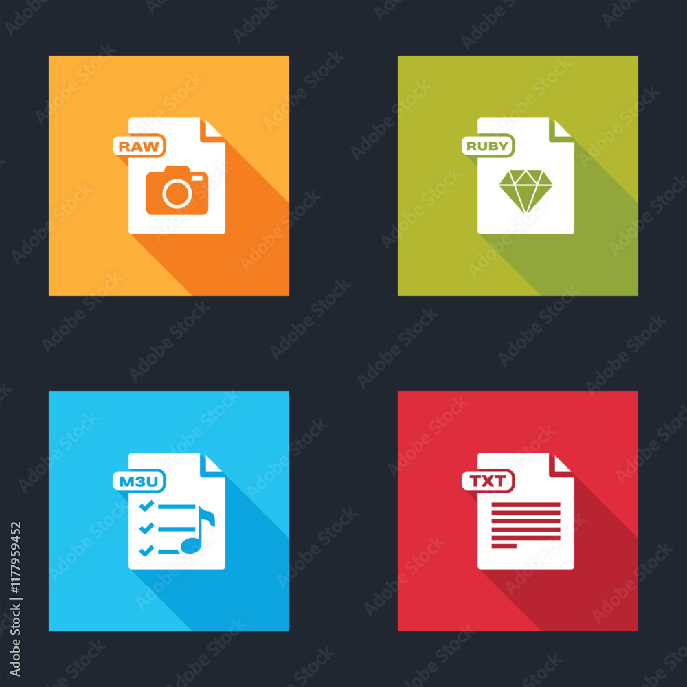 Poster set raw file document, ruby, m3u and txt icon. vector
