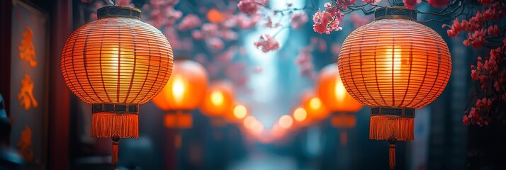Obraz premium Colorful hanging lanterns set the scene for traditional Asian decor on a blurred street, embodying the spirit of the Chinese lantern festival. This imagery works well as a new year abstract greeting