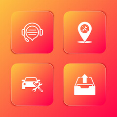 Set Headphones with speech bubble chat, Location service, Car and Upload inbox icon. Vector