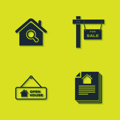 Set Search house, House contract, Hanging sign with Open and For Sale icon. Vector
