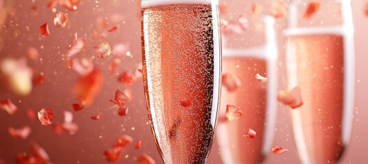 Fototapeta premium Blurred Champagne Glasses with Falling Petals Romantic Celebration Background in Warm Tones.