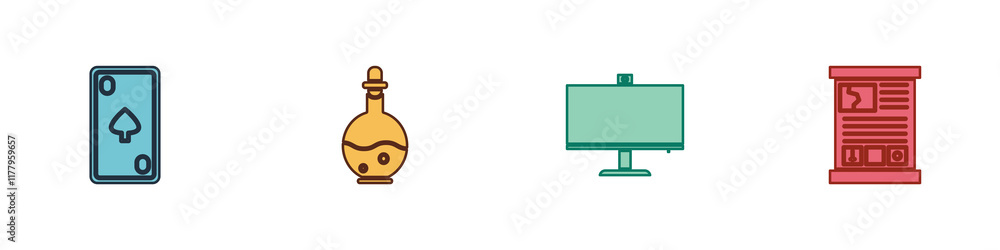 Poster set playing card with diamonds, bottle magic elixir, computer monitor and game guide icon. vector