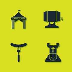 Set Camping tent, Costume for women dirndl, Sausage on the fork and Wooden barrel rack icon. Vector