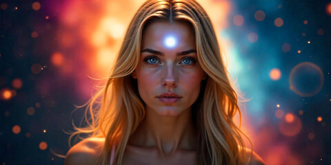 A fair-skinned young woman with long blonde hair, blue eyes, and a blue third eye in the middle of her forehead due to enlightenment.