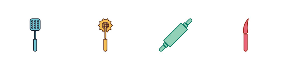 Set Spatula, Pizza knife, Rolling pin and Knife icon. Vector