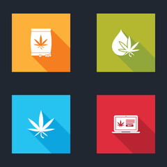 Set Marijuana or cannabis seeds, leaf oil, and Online buying marijuana icon. Vector
